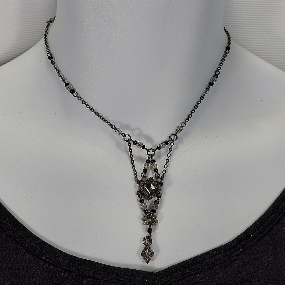 Chameleon Gun Metal Black Rhinestone Bead Drop Pendant Necklace